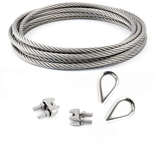 DQ-PP STAHLSEIL SET | 4mm | 20m | 2 x Seilklemmen Bügel 4mm | 2 x Kauschen 4mm | Edelstahl INOX | 7x7 mittelweich | Drahtseil für Rankhilfe Rostfrei Seil Stahl Draht Forstseil Windenseil Spannseil Geländerseil
