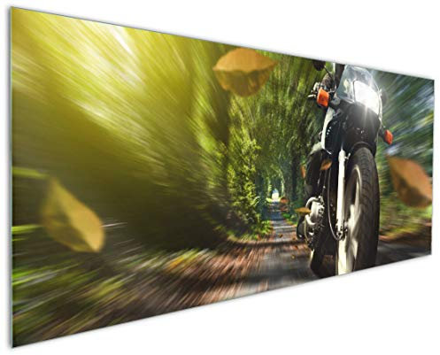 Wallario Küchenrückwand aus Glas 125 x 50 cm, Motiv: Fahrendes Motorrad im Wald mit Herbstlaub | Spritzschutz abwischbar & pflegeleicht