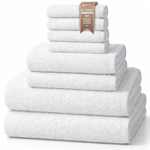 NatureMark 8-teiliges Handtuch-Set aus Frottee in verschiedenen Größen – 4 Gästetücher, 2 Handtücher, 2 Badetücher | Farbe: Weiß | 100% Baumwolle