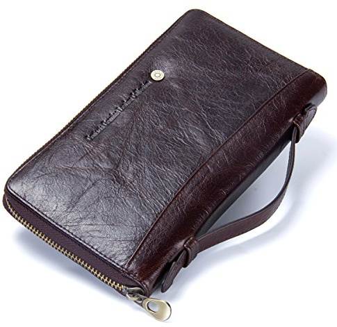 Contacts Echt Leder Herren Karte Pass Wallet Reißverschluss Geldbörse lange Handytasche (Kaffee)