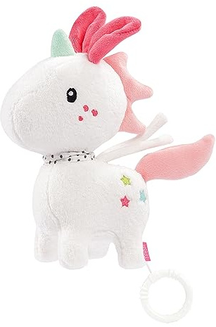 Fehn Spieluhr Einhorn Aiko – Kuschelige Spieluhr mit herausnehmbarem Spielwerk – Melodie Brahms Wiegenlied – Mit Befestigung – Für Babys ab 0 Monaten – Größe: 20 cm