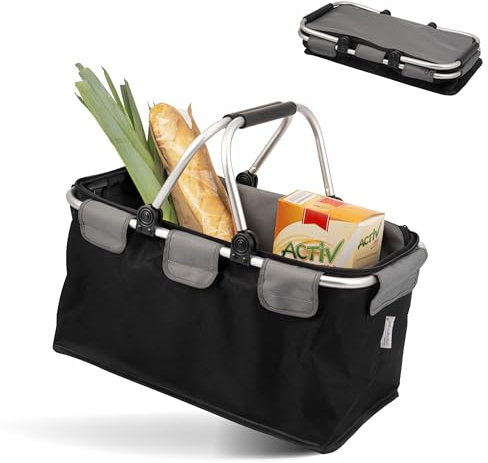 bremermann Faltbarer Einkaufskorb - 25 Liter in Schwarz, mit reflektierenden Streifen, stabilen Boden, Innentasche mit Reißverschluss, ideal für den täglichen Einkauf, beim Sport oder Picknick