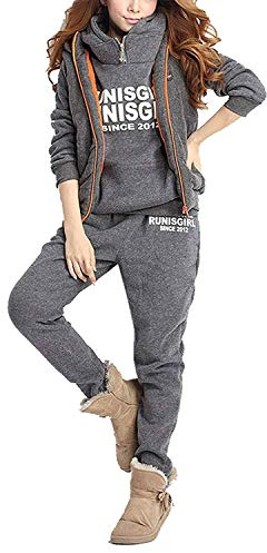 BUOYDM 3piezas Chándales para Mujer Conjuntos Deportivos Hoodie Sweatshirt con Capucha + Chaleco Chaqueta + Pantalones para Otoño e Invierno, Gris S