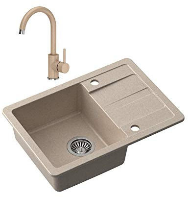 VBChome Fregadero con grifería, color beige, 62 x 44 cm, granito, fregadero individual, escurridor moteado, reversible, con sifón y dispensador de detergente