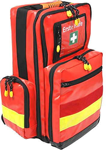 Erste Hilfe Notfallrucksack Sport Freizeit & Event - Planenmaterial Rot - Gelbe Reflexstreifen