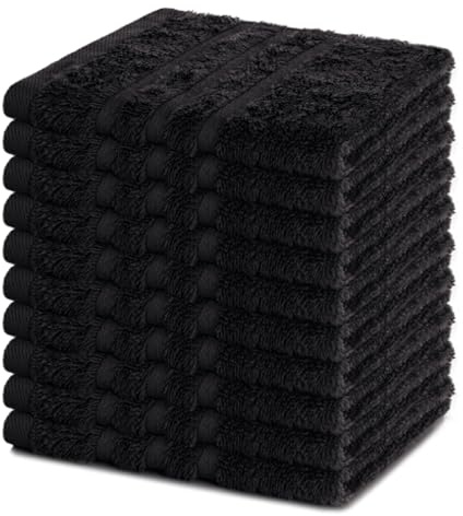 Lavea® Lot de 10 Lavettes 30x30 cm en Éponge 100% Coton – Serviettes Visage et Invités, Douces et Absorbantes – pour Bébés, Maquillage, Maison et Voyage – Noir