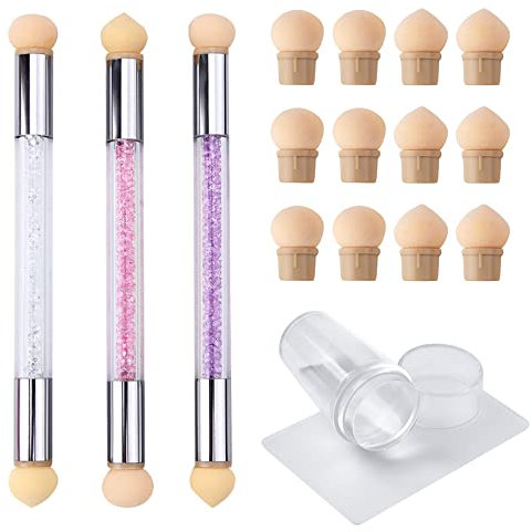 Belvanr 3 Stück Doppelter Nail art Schwamm, Babyboomer Pinsel,Sponge Brush Applikator inkl 12 Ersatzköpfe und 1 Silikon Nagel Stempel Nagel-Kunst-Werkzeuge, für UV Gel und Falsche Nägel