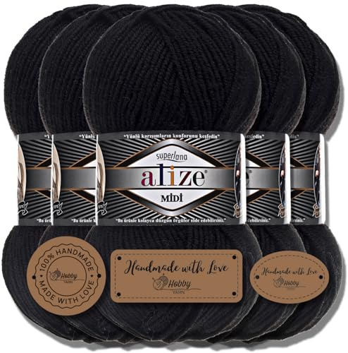 Hobby YARN 3x Etikettenlabel mit Alize Superlana Midi Wolle Premium 5x100g als Set, Yarn, Garn, Strickgarn, Einfarbig, Baby, zum Häkeln, Stricken, Kleidung, Schals (Black | 60)