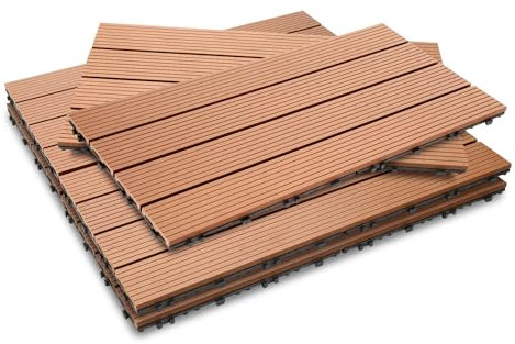 Ikodm WPC Terrassenfliesen, 12 Stück 30x60 cm Balkon Bodenfliese, Gartenfliesen mit Klick-System, Bodenbelag mit Drainage, Balkon Boden Braun in Holzoptik, 2 m²