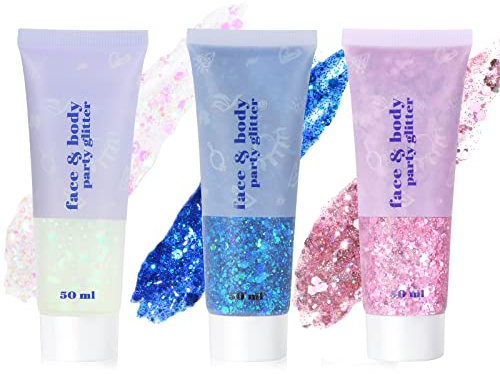 URAQT Body Glitter Gel, Chunky Glitter Gel, 3PCS,Weiß + Blau + Rosa | Flüssiger Lidschatten Meerjungfrau Pailletten Funkelnde für Gesicht Haare Lippen Nägel Make Up Kosmetik Festival Halloween