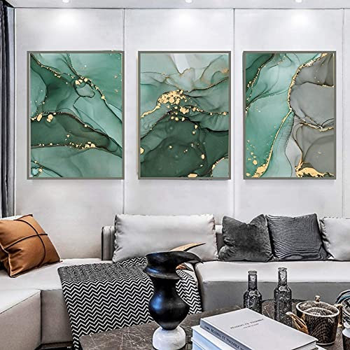 HEHGVCF 3 Stück Leinwand Bilder Marmor Gold Blau Wandbilder Marmor Gold Grün Wohnzimmer Deko Poster Kein Rahmen Malerei Wandkunst (Gold Grün,30 x 40cm)