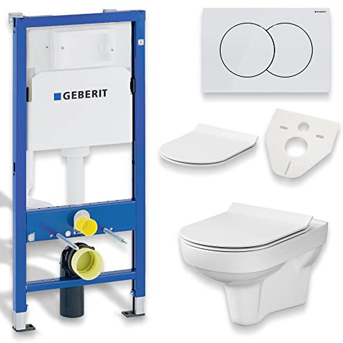 BADLAND WC Set: Geberit Duofix Basic UP 100 Vorwandelement + Wand-WC Weiß + Betätigungsplatte Delta01 Weiß + Slim WC-Sitz Soft-close + Schallschutzmatte