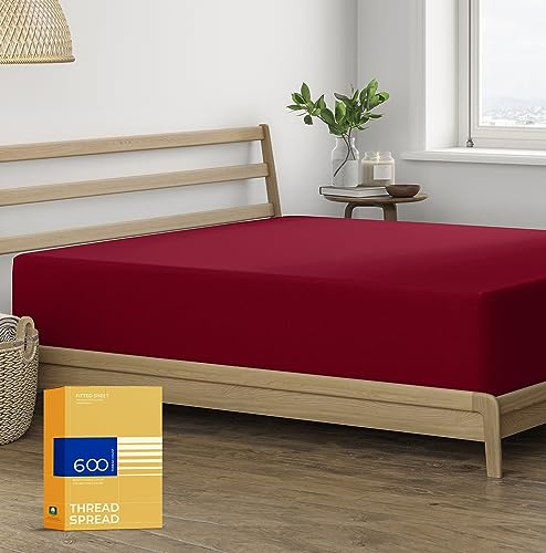 Thread Spread 100% Cotton Queen Fitted Sheet Only - 600 Series Bliss Collection Cotton Fitted Sheet Queen (Burgundy), Luxuriously Soft, Durable, Cooling 16 Deep Pocket, Luxury Hotel Quality