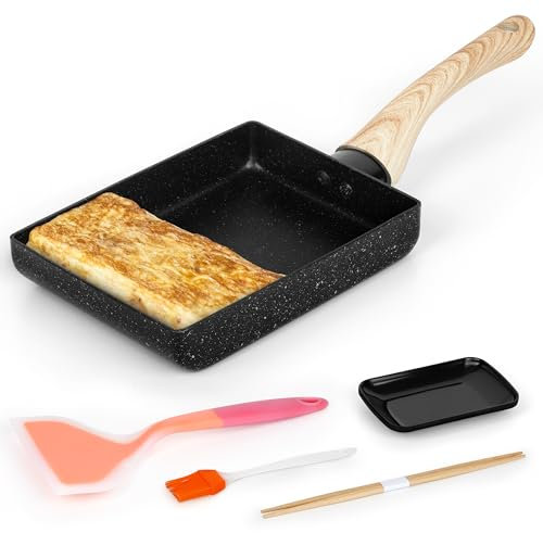 Winter Shore Set Padella Frittata Giapponese - Tamagoyaki Padella Rettangolare con Manico in Legno con Piatto per Frittata, Pennello per Olio, Spatola in Silicone e Bacchette per Friggere