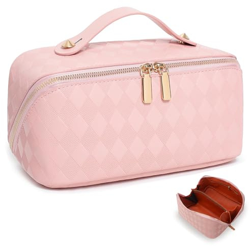 SAMSYOKI Reise Kosmetiktasche, Tragbare Make Up Tasche, Groß Kapazität Kosmetiktasche Damen, Wasserdichter PU-Leder Schminktasche Kulturtasche Mit Trennwand Tasche Organizer (Rosa)