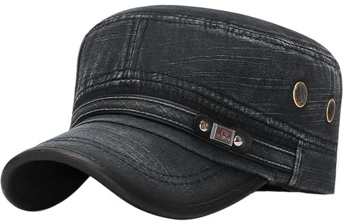 YeeHeen Unisex Cadet Army Cap Adjustable Flat Top Cap Washed Cotton Military Hat Baseball Cap Black 1