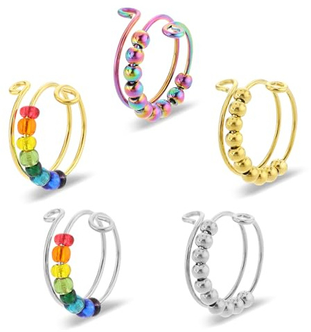5 pièces Anti Stress Ring Set,Anneau d'anxiété réglable,Soulagement efficace de l'anxiété et anneaux antistress ,Anneau de filature d'anxiété coloré avec des perles,pour les filles et les femmes