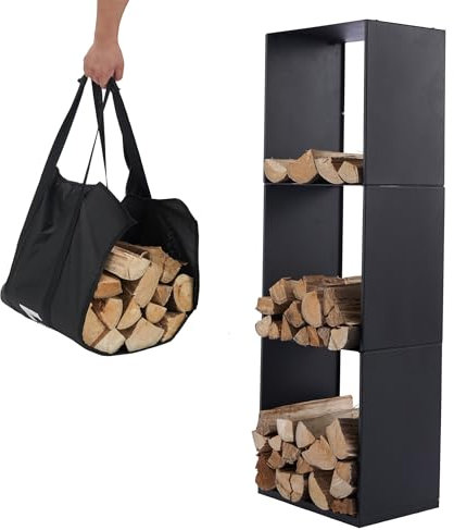 Lendo Online Kaminholzregal + Tragetasche - Innen & Außen - Feuerholzregal - Kaminholzständer - Brennholzregal - Schwarz - Metall (40x28x120cm)