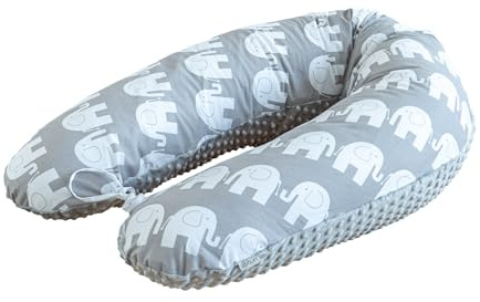 LOOLAY Schwangerschaftskissen - Stillkissen 170 cm - Seitenschläferkissen 100% Baumwolle - mit Abnehmbarem Minky Bezug - Ergonomisches Schwanger Kissen für Schlafen (Elefant Grau/Minky Grau)