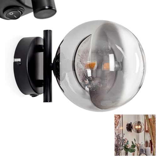 Wandleuchte Chehalis, Wandlampe aus Metall/Glas in Schwarz/Rauchfarben/Klar, Leuchte im Retro/Vintage-Design mit Schirm aus Glas (Ø 15 cm) u. An/-Auschalter am Gehäuse, 1 x G9, ohne Leuchtmittel