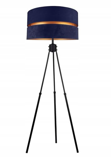 Lampada da terra per soggiorno, blu scuro, oro, lampada da terra con treppiede, design moderno, attacco E27, max. 60 W