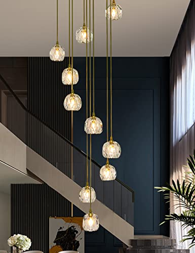 YAsao Modern Simple Spiral Staircase Chandelier K9 Crystal Light Shade Ceiling Balls Glass Bubble Lamp Large Pendant Light Fixtures for Living Room Hallway Duplex Hanging Lights Gold 40×200cm,10 Ball