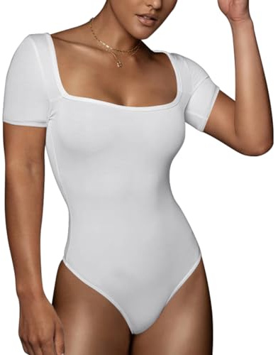 SHEKINI Body för kvinnor, kortärmad elegant bodysuit, formande body, magkontroll, body med kantig urringning, figurformande kroppsformare, t-shirt, tanga, topp, Vit, XL