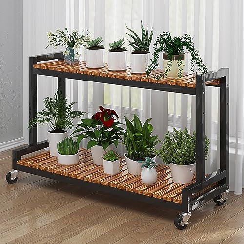 Blumenregal Pflanzenregal Blumen-Pflanzenständer-Regal, 3-stöckig, 2-stöckig, Metall-Pflanzenständer mit Rollen, Pflanzenleiter-Regal, karbonisiertes Kiefernholz, multifunktionales Organizer-Rack, Sc