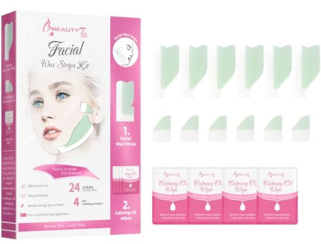 Beauty7 Gesichts Wachsstreifen vorgeschnitten wachs 24stk Gesichts Fit Wax Strips Kaltwachs Streifen mit 4stk Reiniger Öl Tücher präzise enthaarungsstreifen augenbrauen schnell persian wax strips