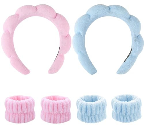 FLEXNOVA 2 Stück Skincare Haarband Kosmetik, Schwamm Spa Stirnband für Frauen, Handgelenk Waschband, Abschmink Bubble Haarreif