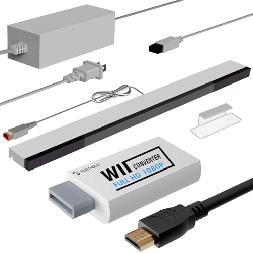 4 in 1 Accessories Bundle Kits, AC Power Supply Adapter + Wii to HDMI Converter + Wii to hdmi Converter and Wired Infrared Ray Sensor Bar Compatible with Nintendo（UK White）