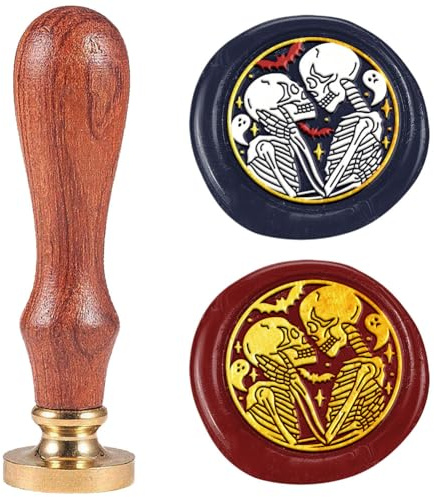 DELORIGIN Two Skeletons Wax Seal Stamp Vintage Skull Sealing Stamps 1 Removable Brass Head Seal Stamp with Wooden Handle for Envelope Greeting Card Letters Halloween Invitations Bottle Gift Wrapping