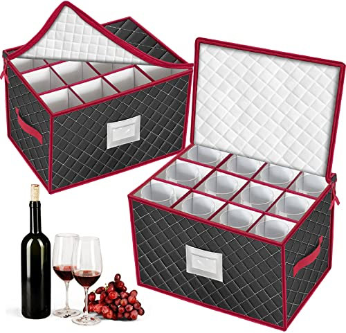 VERONLY Stemware Storage Cases with Dividers- Holds 12 Wine Glass Storage or Crystal Glassware Containers, China Storage Containers with 2 Handles and Lable Window -Set of 2 (Black&Claret)