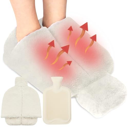 WIYETY 2-in-1-Fußwärmer, 2 l, ohne Strom, hochwertige Qualität, weiche Flanellhülle, für Damen und Herren, Beige