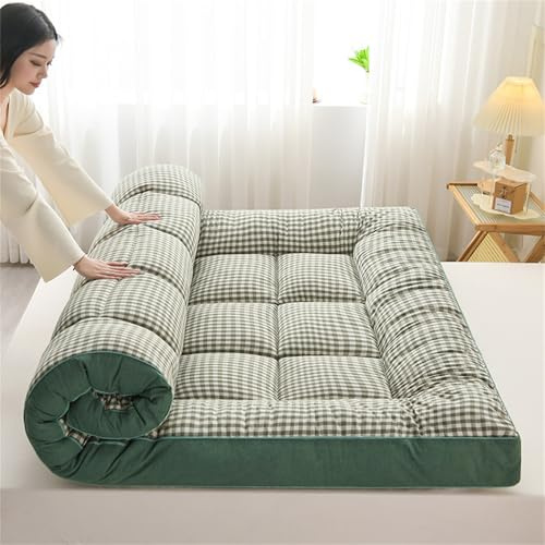 HUMAJORY Japanische Bodenmatratze, Dicke Futonmatratze, Isomatte, Faltbare Rollmatratze, Schlafsaalmatratze, Bodenliege, Kissenbett(Plaid Green,120x200cm)