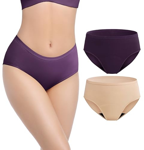 REELINDRY Ropa interior a prueba de fugas para incontinencia con control de olores para mujer, lavable, absorbente, tiro medio, paquete de 2 unidades (baya-beige, L)