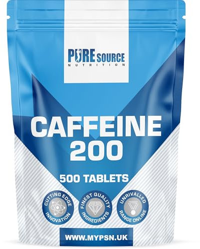 Caffeine Tablets 200mg Vegan Energy Tablet Pills Focus, Concentration, Energy Boost & Exercise Support Pre Workout Pill Improve Focus by Pure Source Nutrition (500 Tablets)