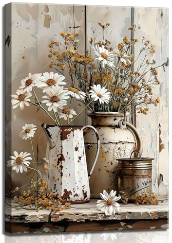 1Pcs Framed Rustic Farmhouse Floral Daisy Canvas Wall Art Vintage Country Flower Pictures Wall Decor Wood Grain Paintings Posters Prints Bathroom Bedroom LivingRoom Rustic Decor Artwork 12X16in