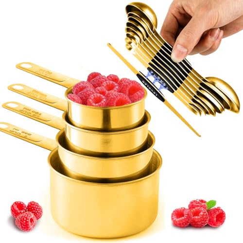 Sinnlicht 13pcs Gold Measruing Cups and Spoons Set, 4 Stainless Steel Measuring Cups & 8 Magnetic Measuring Spoons Set & 1 Leveler for Kitchen Cooking & Baking
