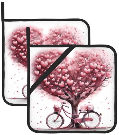 WHJYYXDE Set di 2 presine da cucina da 20,3 x 20,3 cm, resistenti e isolanti, impermeabili, in tessuto, per festa della mamma, San Valentino, romantiche stampe di alberi e biciclette