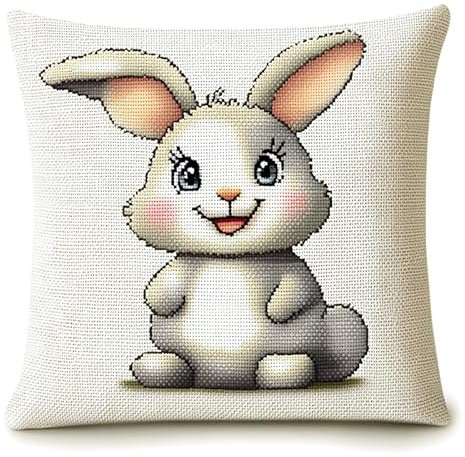 Latch Hook Kit Komplettset,Knüpfset für Kissen,43x43 cm,mit Garn & Werkzeug,Webrahmen DIY Starterpaket für Erwachsene,Einfaches Handarbeit-Projekt,Niedliches kleines Kaninchen in der Karikatur