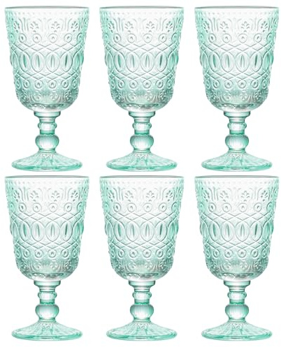 Paquete de 6 copas de vidrio vintage en relieve, copas de vino de colores de 10 onzas con patrón de relieve, cristalería gruesa para vino tinto, agua, cócteles, color original, nunca se decolora, apto