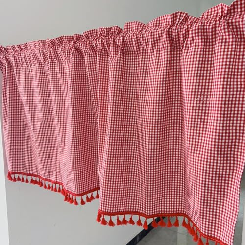 izielad Kurzstores Gardinen Küche Kurz Fenster Küchengardine Scheibengardine Bistrogardine Landhausstil Modern Vintage Vorhänge Vorhang Kurzvorhang Kariert Rot BxH 140x30cm