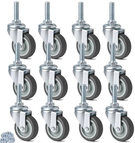 RRIUTO Set di 12 Ruote per Mobili da Perno Filettato M10 x 1,5 x 30 mm, Ruote per Carrello 50mm - Capacità 50 kg per Ruota, Silenziose e Resistenti Rotelle Girevoli a 360 Gradi per Tavolo, Armadio