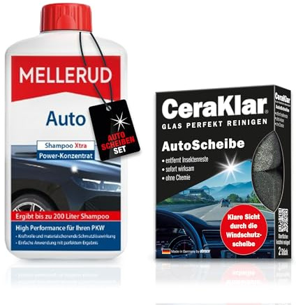 abrazo CeraKlar Autoscheiben-Set | 2 Glasreiniger | schnelle & kratzfreie Reinigung | MELLERUD Auto Shampoo Xtra Power-Konzentrat | 1 x 1 l | kraftvolle & materialschonende Autoreinigung