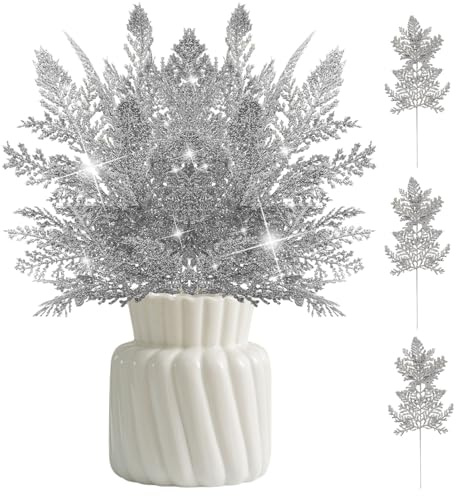 Rongrongago 10 Stück Künstliche Tannenzweige, 30 cm Silberner Glitzer Weihnachten Künstliche Kiefernblätter, für DIY-Girlanden, Christbaumschmuck, Gartendekorationen und Wohnaccessoires