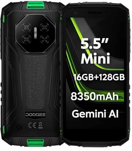 DOOGEE Mini Smartphone Incassable Fire 3 Pro, 5,5 HD+, Format Compact+Prise en Main Facile, 16Go+128Go, Batterie Longue Durée 8350mAh, IA Gemini, 16MP+8MP, Téléphone Renforcé IP68, GPS NFC Vert