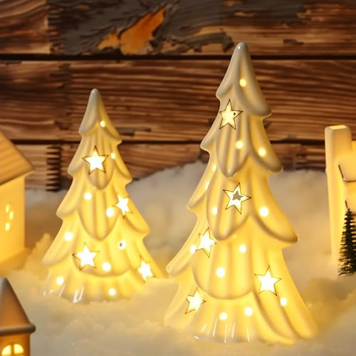 Johiux Weihnachtsdeko Innen,2 Stück LED Weihnachtsbaum Weiß | Weihnachtsdekoration Fensterbank Tischdekorationen | Modernes Design | Innen Weihnachtsdekoration Mit Batterie.