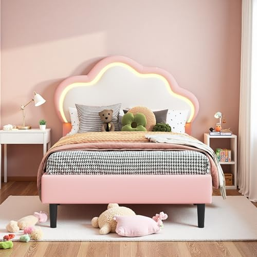 Aneutr Klädd barnsäng på 90 x 200 cm, enkelsäng med ribbotten för flickor, ungdomssäng, prinsessäng med blomdesign och justerbar sänggavel för barnrum, av PU (rosa moln, 90 x 200)