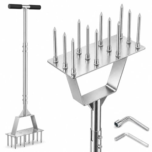 Fologtoo Gräsmatta aerator-verktyg, rostfritt stål förmonterad gräsmatta aerator med 12 spikar, effektiva manuella gräspikar aerator för gård aerating, trädgårdsverktyg, lätt att använda